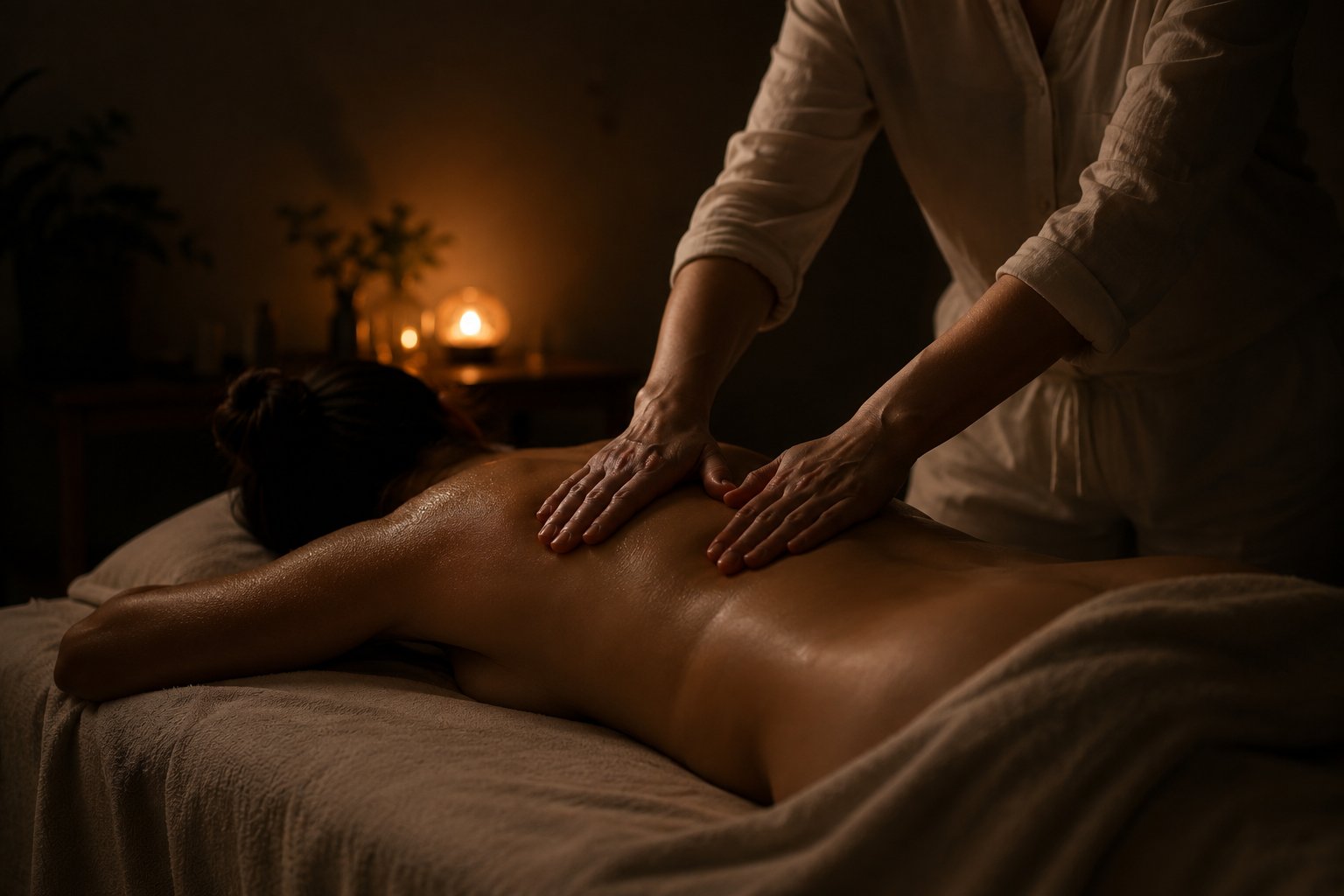 Massage relaxant dans une ambiance tamisée et apaisante
